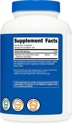 Nutricost Magnesium+ Extra-Strength — 420 mg 240 Cápsulas 120 Servicios