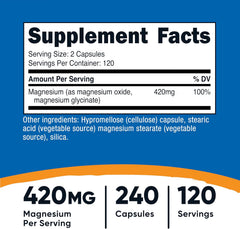 Nutricost Magnesium+ Extra-Strength — 420 mg 240 Cápsulas 120 Servicios