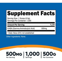 Nutricost GABA Powder — Ácido Gamma Aminobutírico 500 mg 500 g 1,000 Servicios