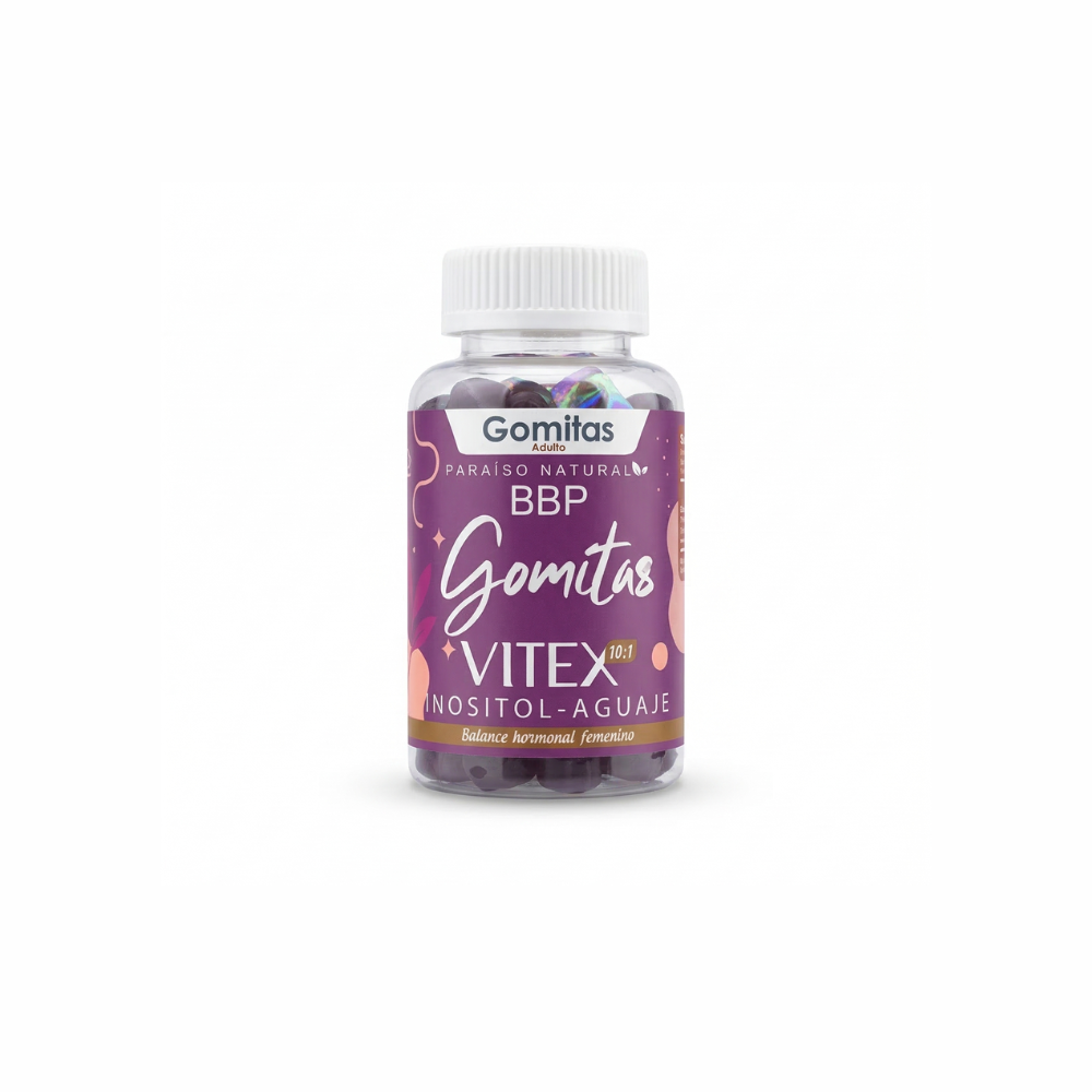 Suplemento en gomitas BBP Vitex 10:1 e Inositol de Paraíso Natural sabor uva para regular el ciclo menstrual.
