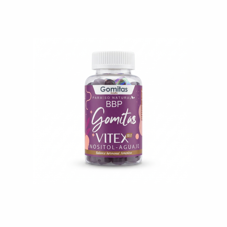 Suplemento en gomitas BBP Vitex 10:1 e Inositol de Paraíso Natural sabor uva para regular el ciclo menstrual.